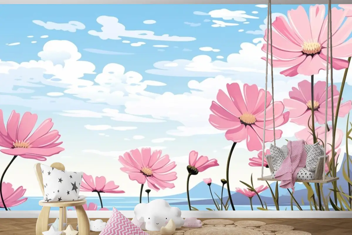 Papatyalar Çocuk Odası Duvar Kağıdı Ile Gökyüzünde Pembe Çiçeklerden Oluşan Bir Tablo