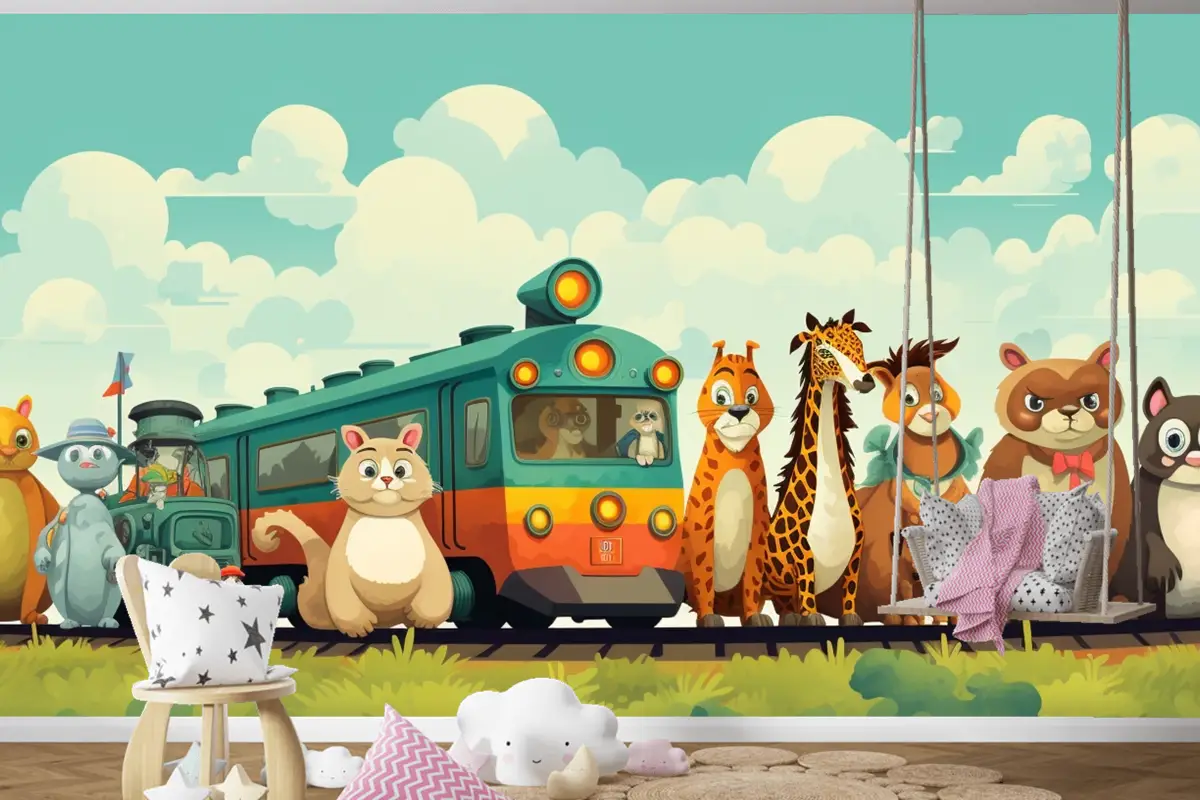Üstünde Hayvanların Olduğu Bir Tren Ve Önünde Zürafalar Yazan Bir Tren Çocuk Odası Duvar Kağıdı