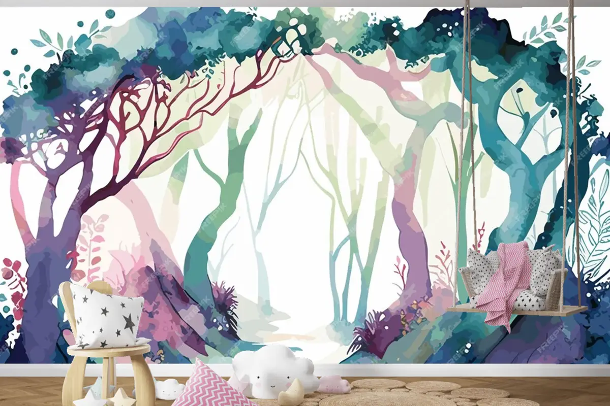 Çocuk Odası Duvar Kağıdına Giden Yolu Olan Bir Ormanın Suluboya Tablosu