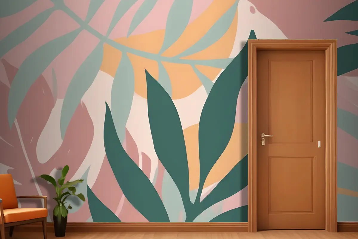 Pembe Antre  Hol  Koridor Duvar Kağıdı Duvarında Pastel Renklerde Soyut Tropikal Yapraklar Ve Şekiller