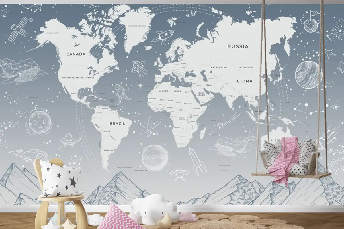 Açık Mavi Güneş Sistemi Galaksi Uzay Çocuk Odası Dünya Haritası Duvar Kağıdı