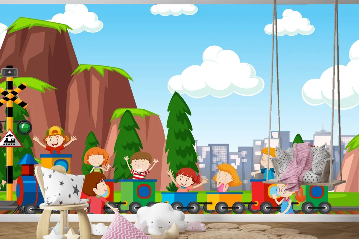 Çocuk Odası Duvar Kağıdı Dışında Spor Ve Eğlence Aktiviteleri Oynayan Aktif Erkek Ve Kız Çocukları