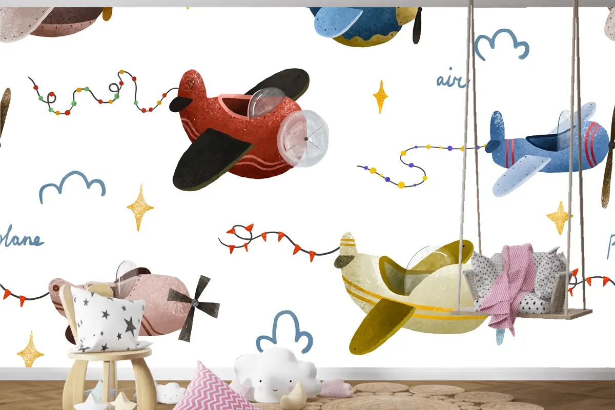 İskandinav Tarzı Çocuk Odası Duvar Kağıdı Duvarında Uçak Ve Bulutlar