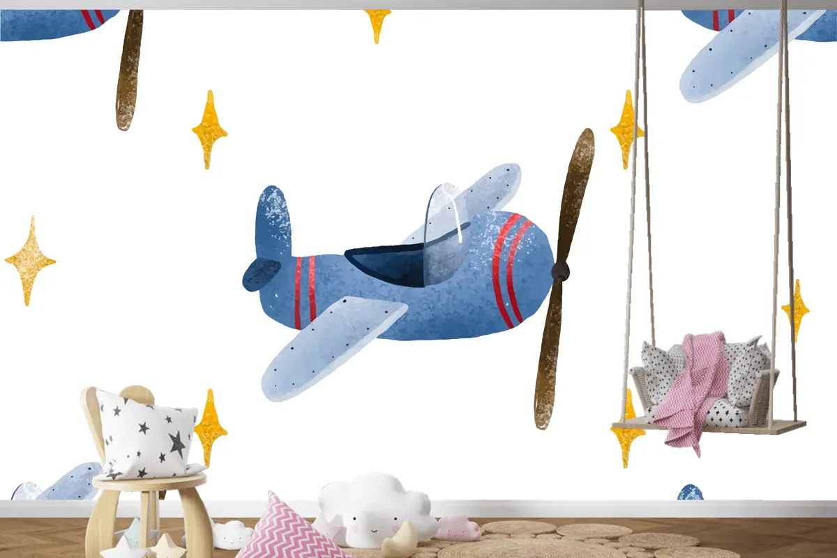 İskandinav Tarzında Uçak Ve Bulutlar Çocuk Odası Duvar Kağıdı