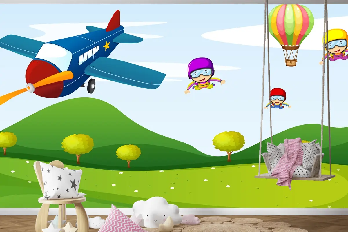 Uçak Ve Gökyüzü Etkinliği Çocuk Odası Duvar Kağıdı 