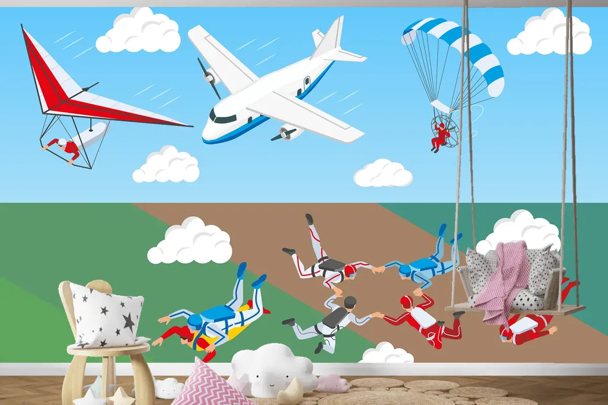 Uçak Yelken Havacılık Gökyüzünde Paraşütle Atlayan Bir Grup İnsan Çocuk Odası Duvar Kağıdı