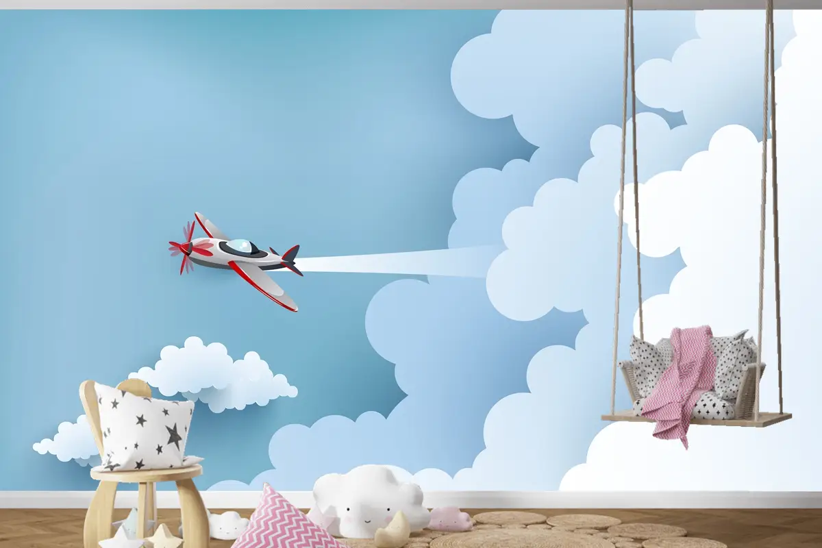 Bulut Üzerinde Uçak Çocuk Odası Duvar Kağıdı 