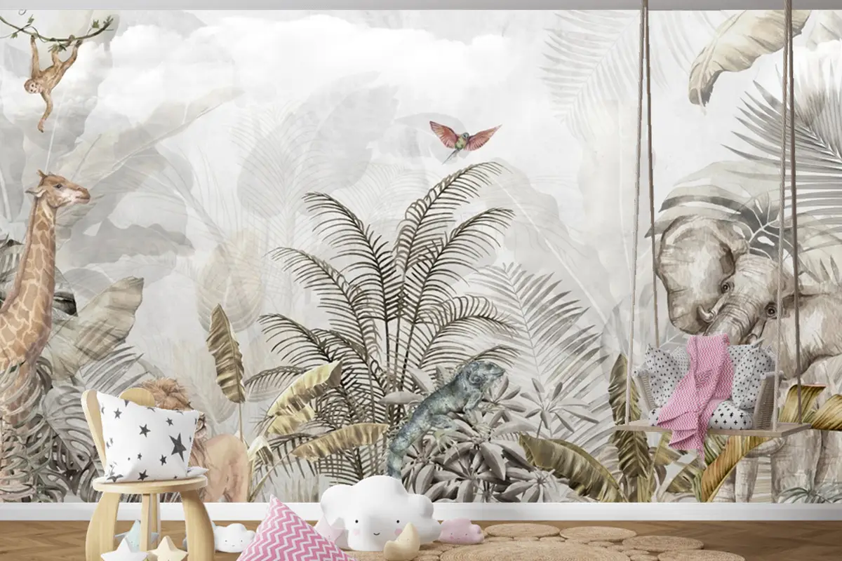 Altın Tropikal Safari Hayvanları Çocuk Odası Duvar Kağıdı