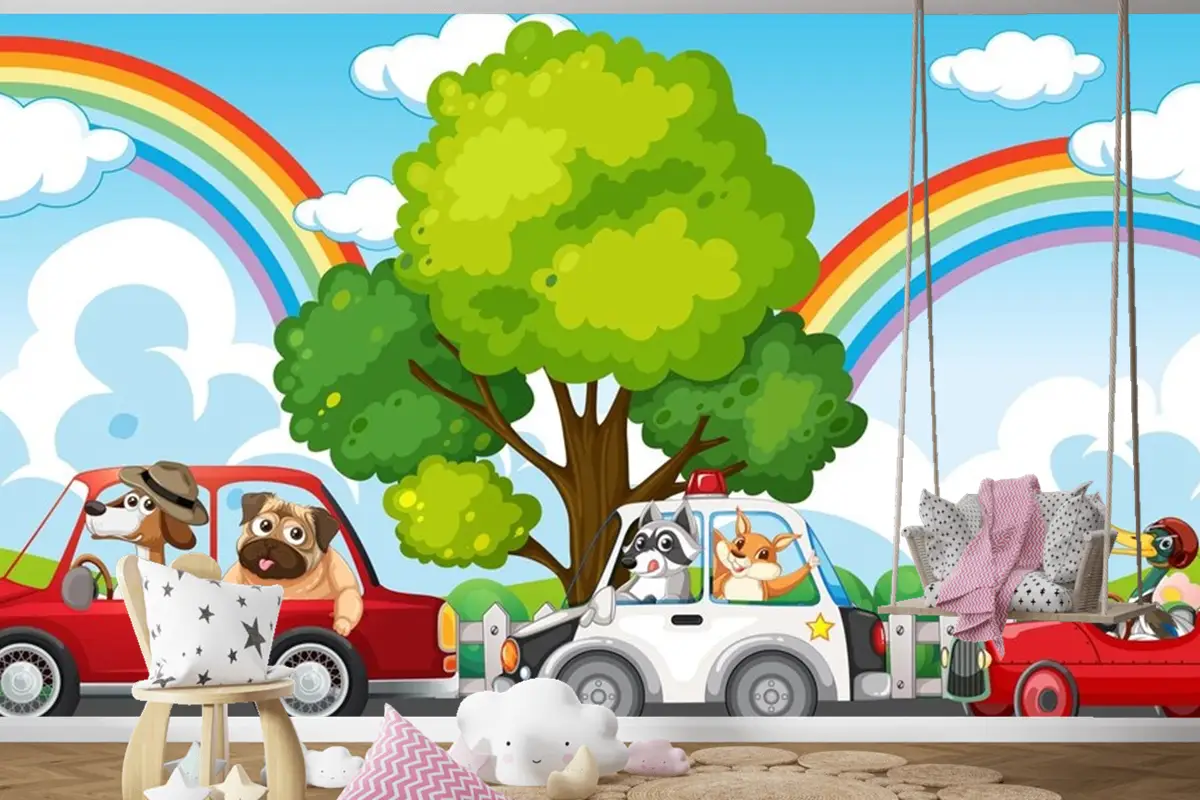 Farklı Arabaları Süren Hayvanlar Çocuk Odası Duvar Kağıdı