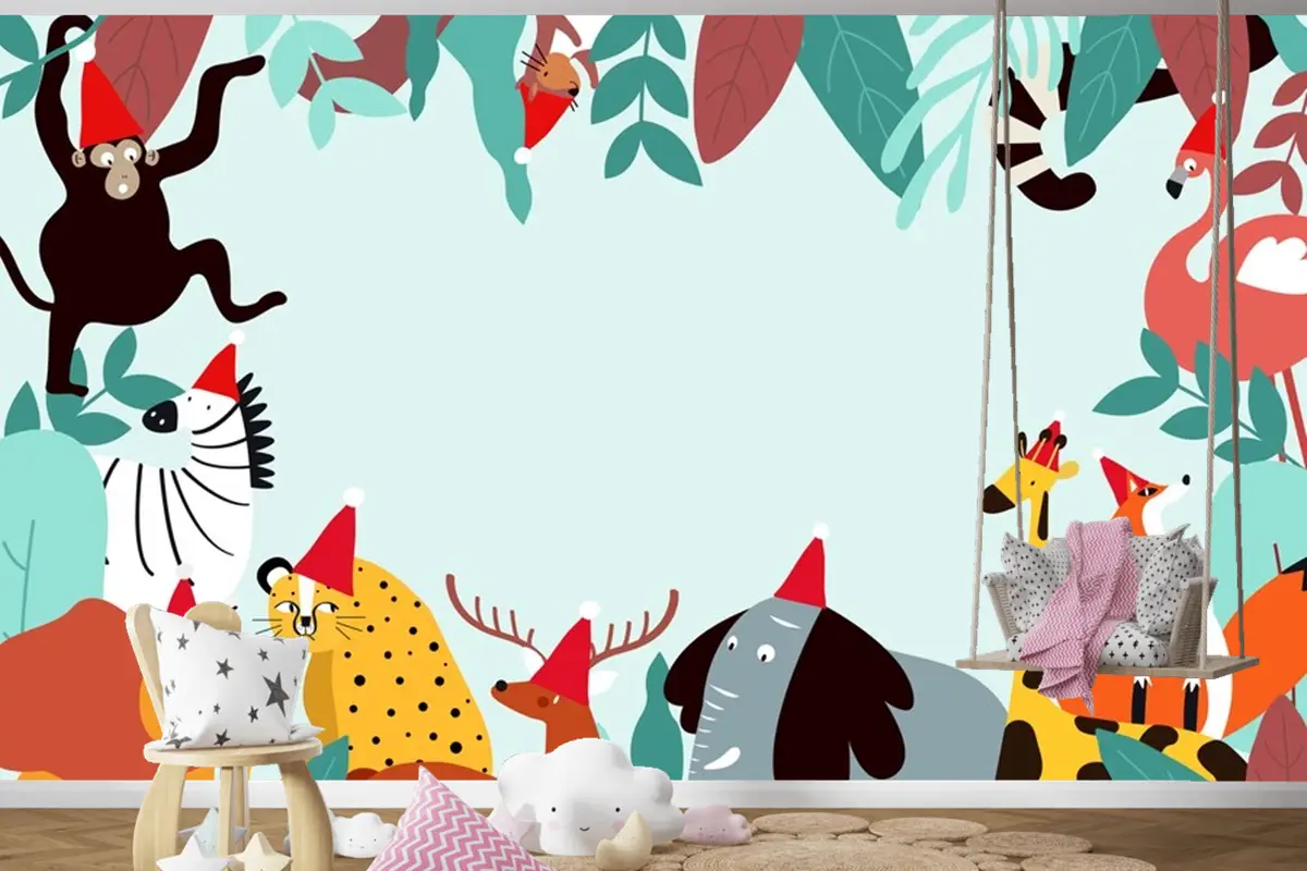 Hayvanlar Tema Şablonu Çocuk Odası Duvar Kağıdı 