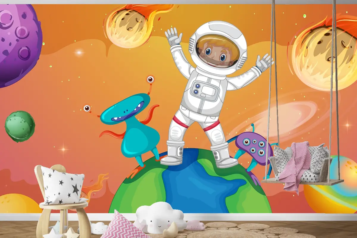Uzay Sahnesinde Dünya Üzerinde Duran Uzaylılarla Astronot Çocuk Odası Duvar Kağıdı