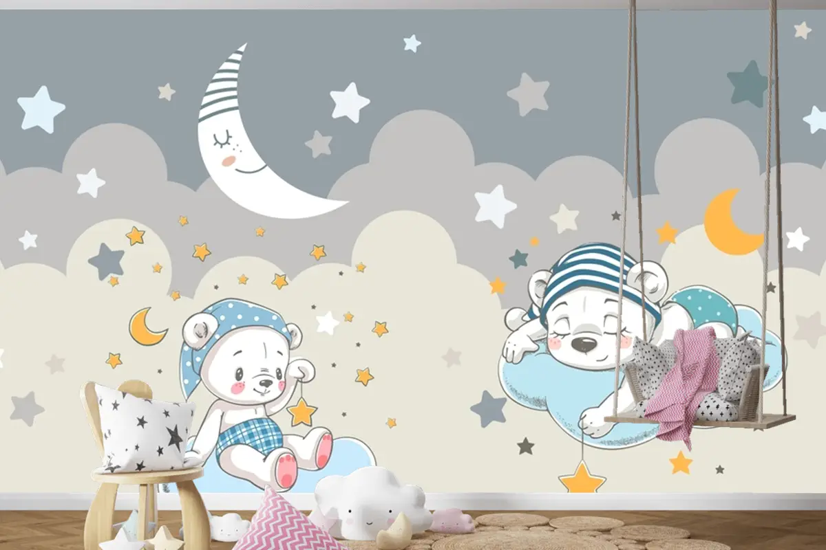 Ay Ve Yıldızlar Tüylü Bulutlar Teddy Ayılar Bebek Çocuk Odası Duvar Kağıdı