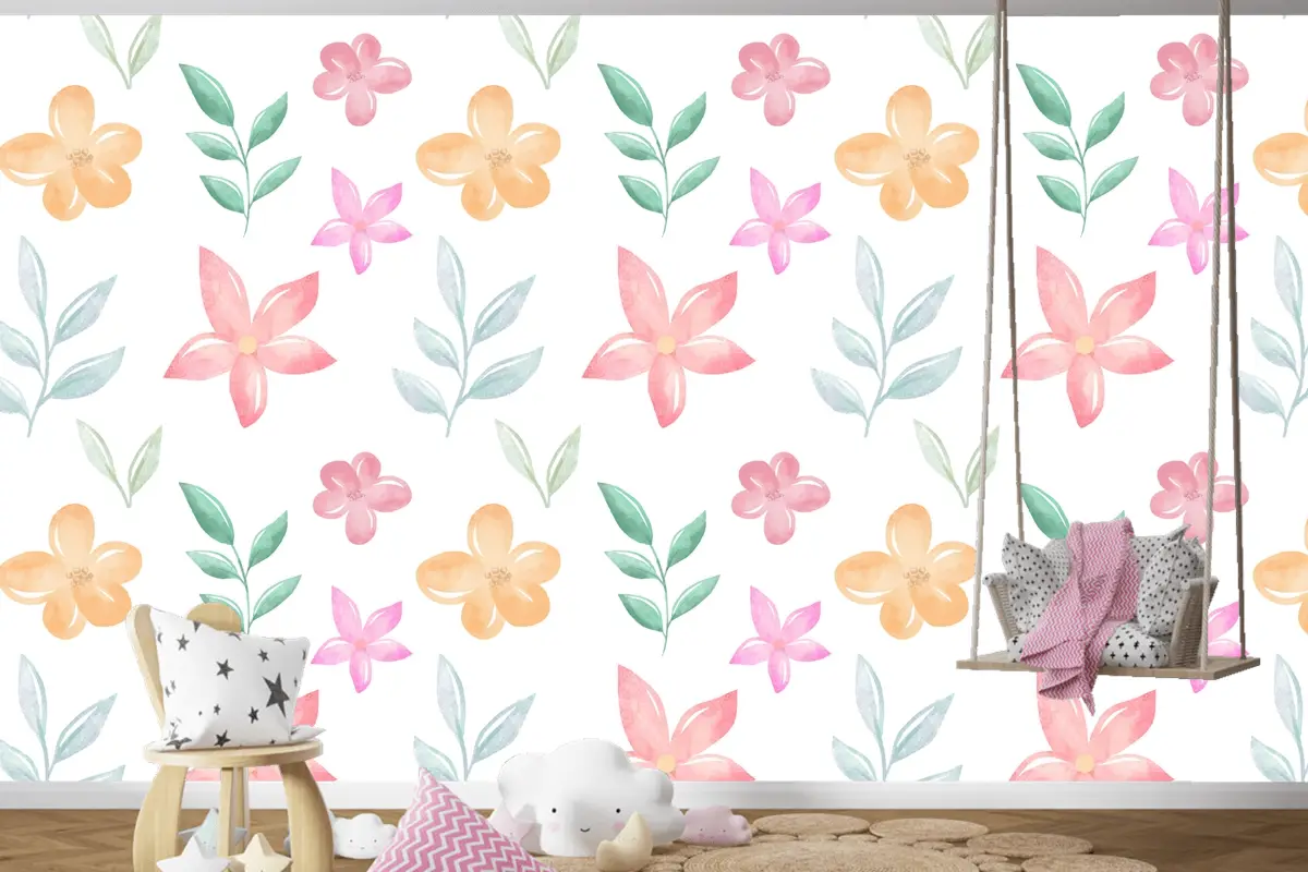 Yumuşak Renklerle Arka Plan Çiçek Suluboya Çocuk Odası Duvar Kağıdı