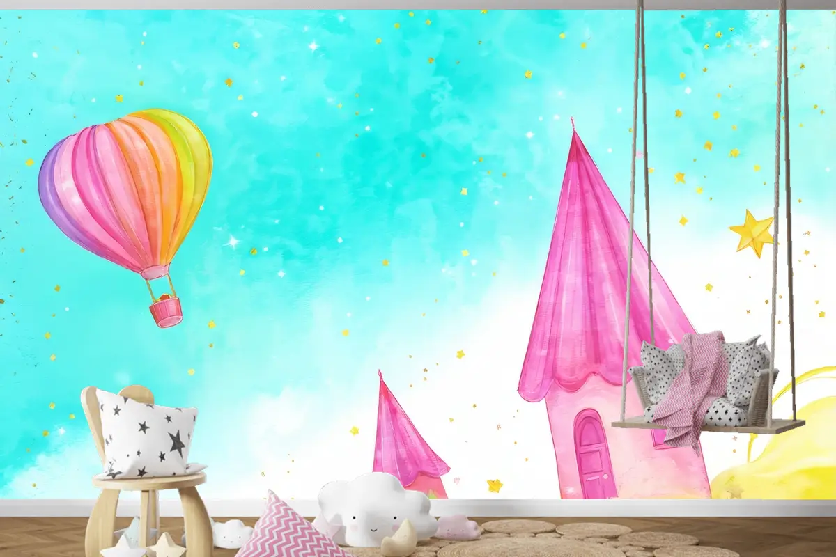 Uçan Bir Peri Masalı Suluboya Çocuk Odası Duvar Kağıdı Ile Balon