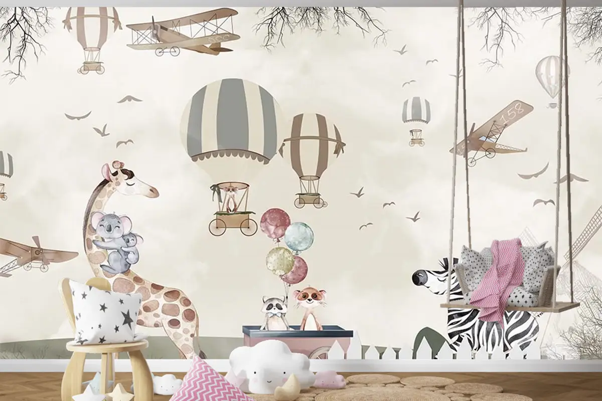 Balonlar Uçaklar Sevimli Hayvanlar Çocuk Kağıdı