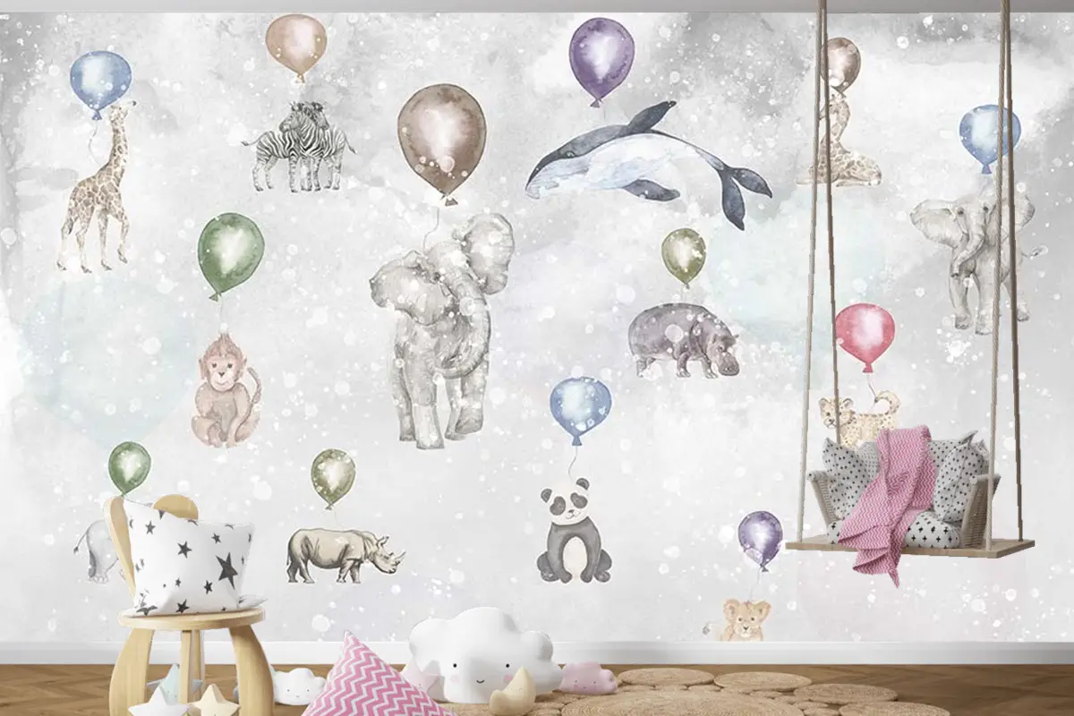 Balonlar Ve Sevimli Hayvanlar Çocuk Odası Duvar Kağıdı