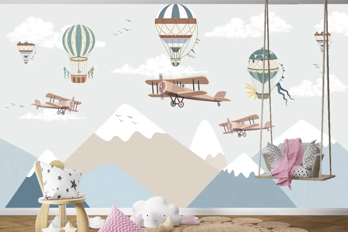 Balonlar Ve Uçaklar Ile Dağlar Çocuk Odası Duvar Kağıdı