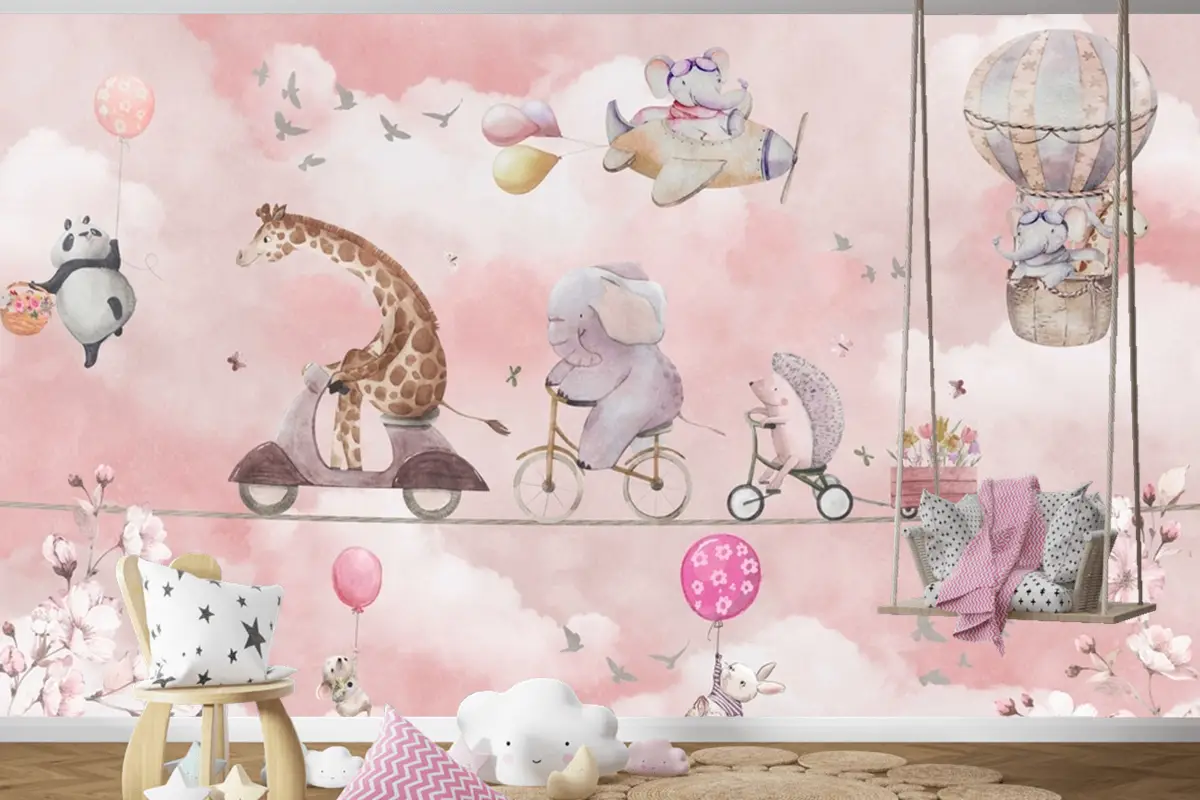 Balonlu Bisikletli Hayvanlar Suluboya Pembe Çocuk Odası Duvar Kağıdı