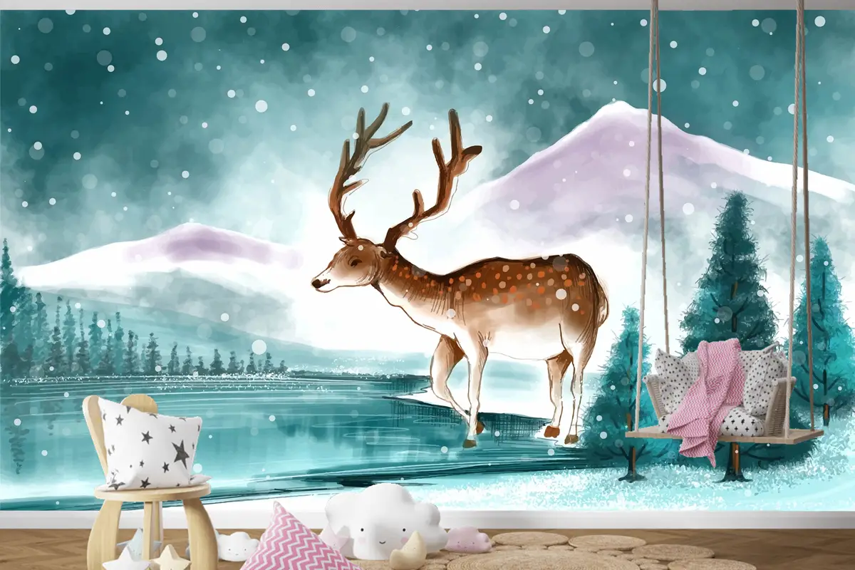 Kışın Güzel Noel Manzarası Noel Geyiği Kartı Çocuk Odası Duvar Kağıdıyla