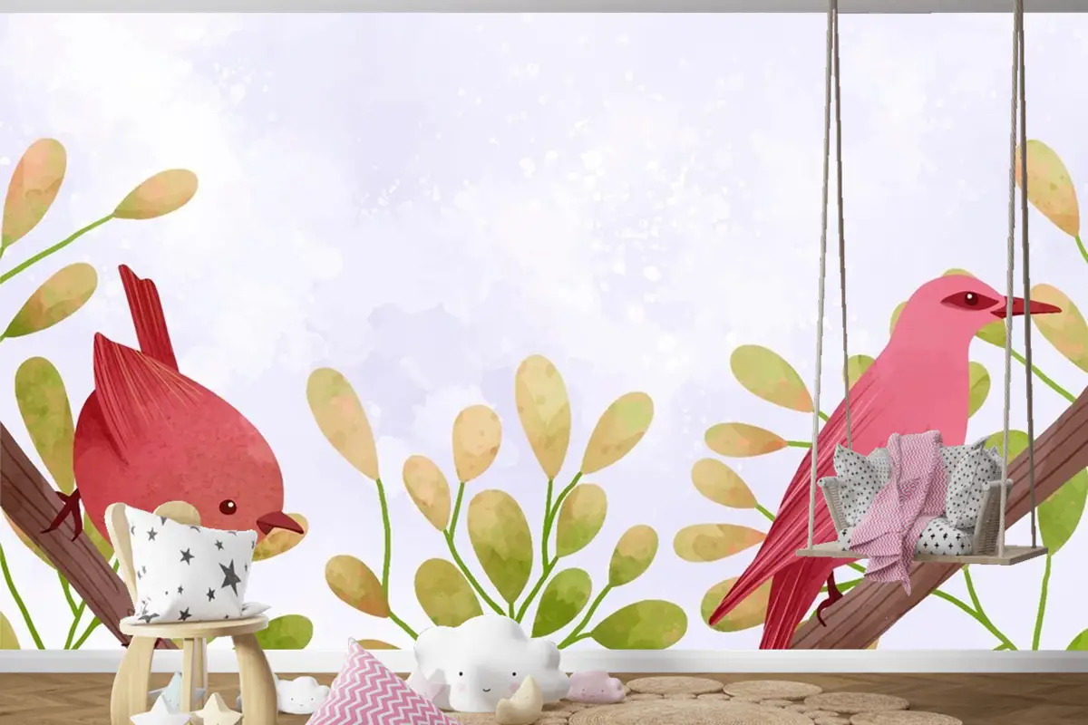 Dallarda Oturan Kuşların Güzel Suluboya Çocuk Odası Duvar Kağıdı