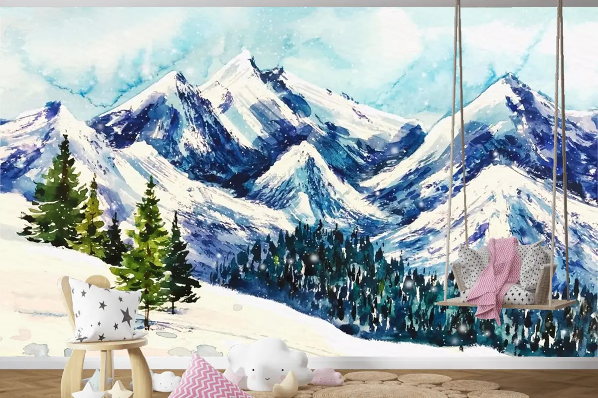 Suluboya Arka Planda Güzel Kış Manzarası Çocuk Odası Duvar Kağıdı