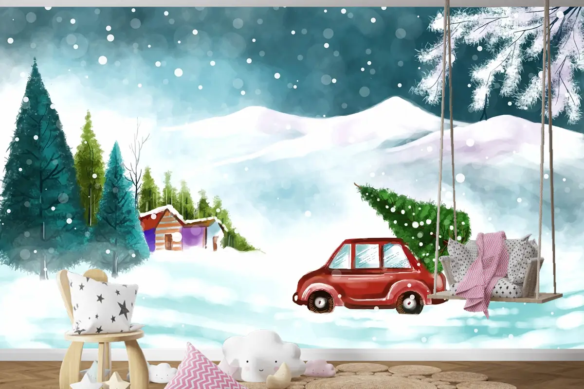 Karlı Noel Ağacında Arabayla Güzel Kış Manzarası Çocuk Odası Duvar Kağıdı