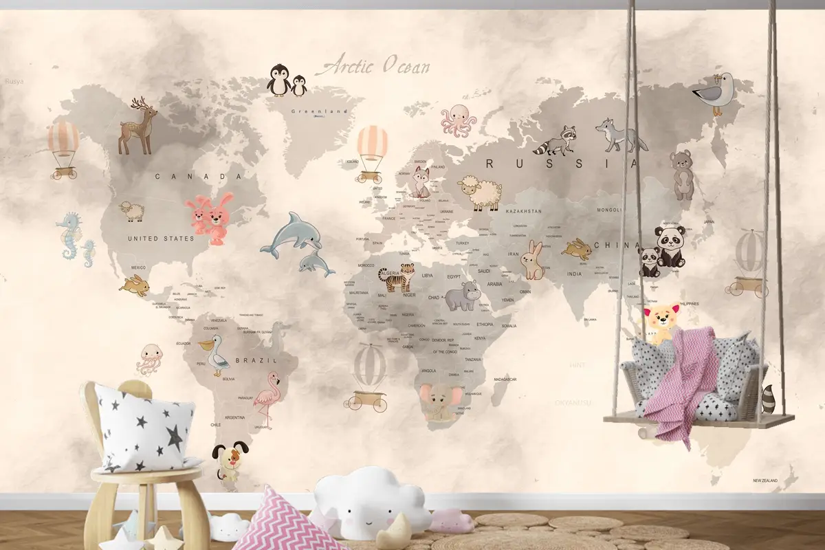 Bebek Hayvanlar Dünya Haritası Eğitici Çocuk Odası Duvar Kağıdı