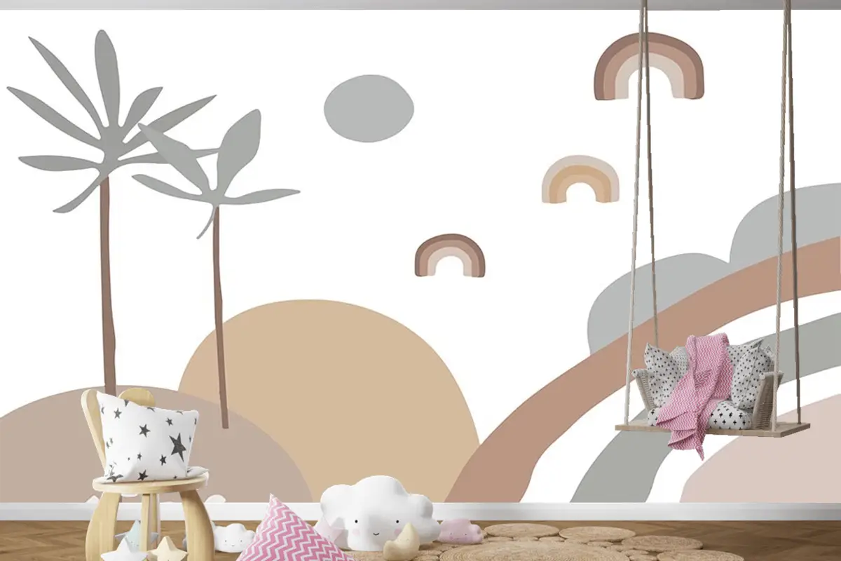 Çizim Palmiye Güneş Çocuk Odası Duvar Kağıdı