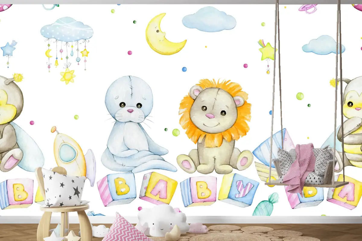 Arı Aslan Mühür Küpleri Harflerle Ay Yıldız Bulutlar Çocuk Odası Duvar Kağıdı