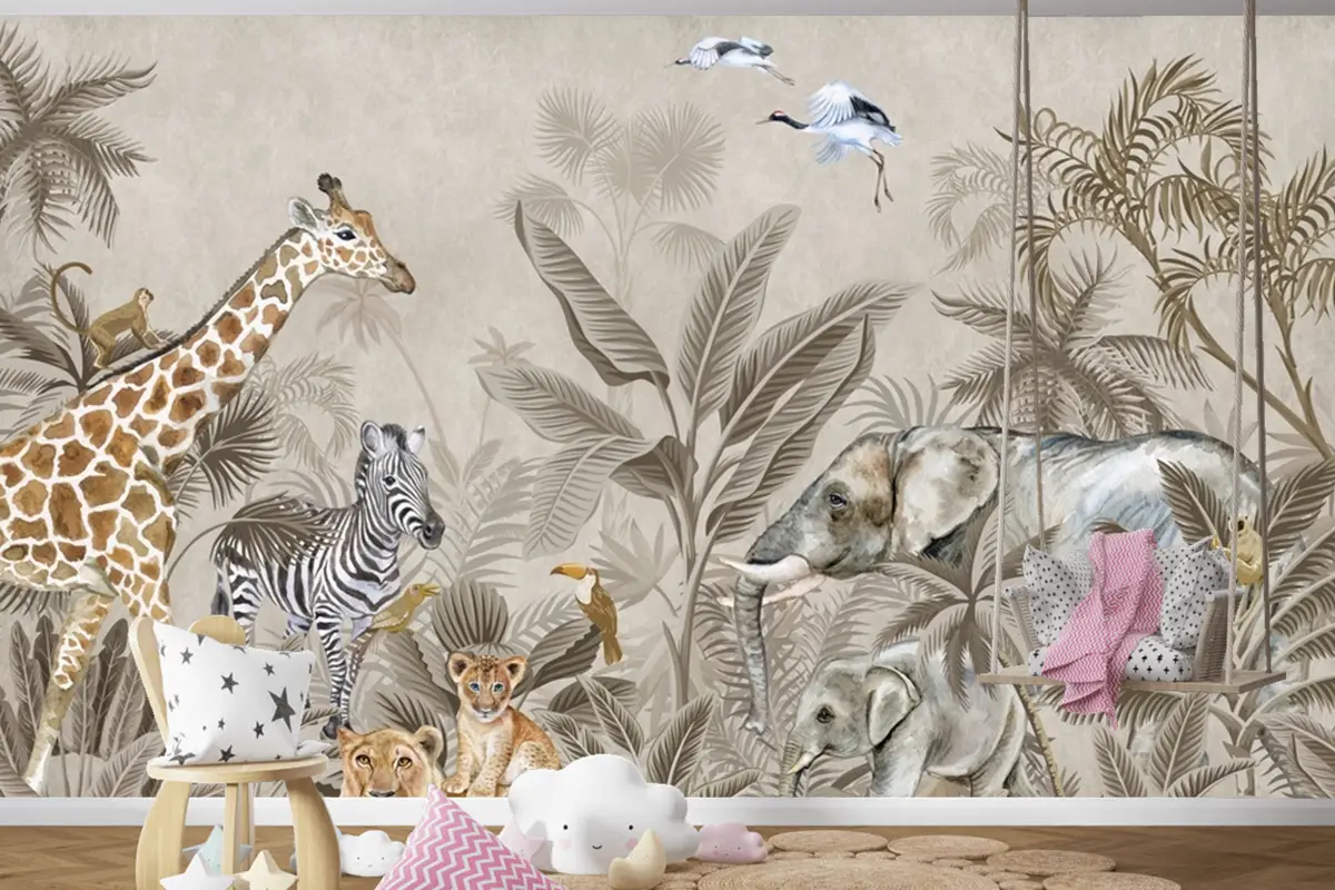 Bej Suluboya Safari Hayvanları Çocuk Odası Duvar Kağıdı