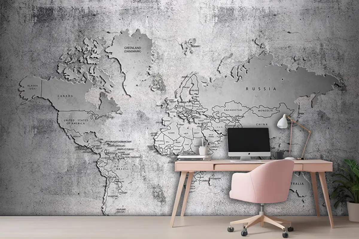 Beton Zemin Kabartma Dünya Haritası Duvar Kağıdı