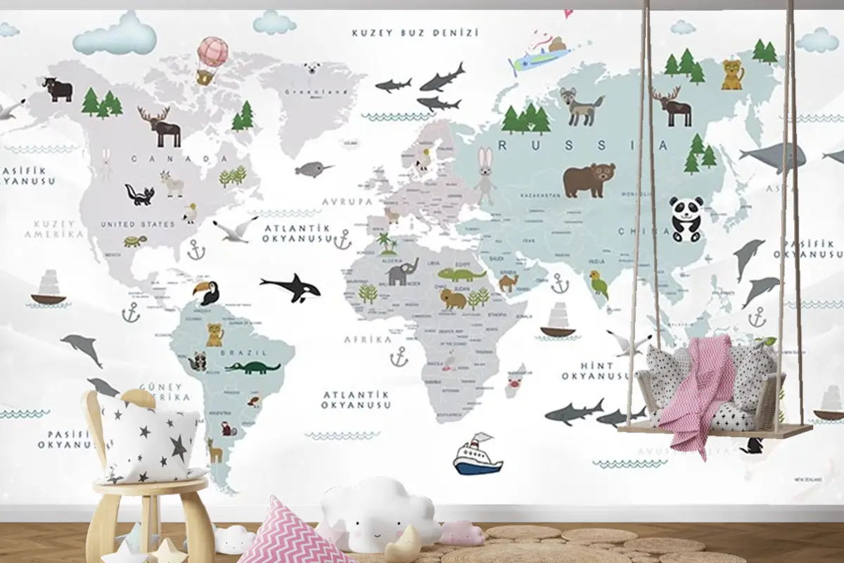Beyaz Zemin Çocuk Odası Dünya Haritası