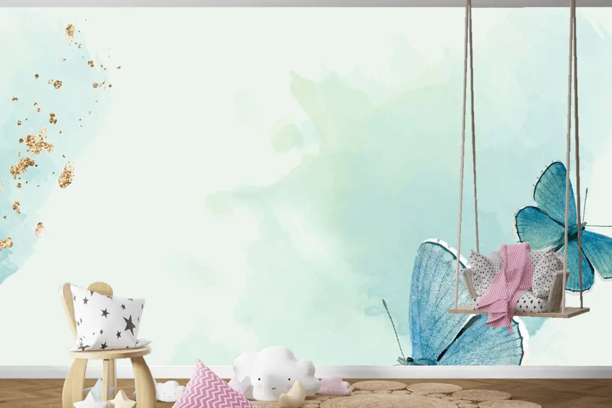 Mavi Kelebekler Desenli Arka Plan Çocuk Odası Duvar Kağıdı