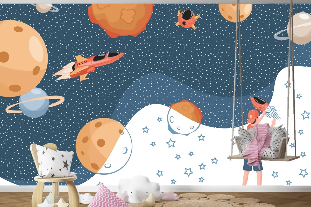 Cosmos Gezegenler Uzay Gemileri Ve Yıldızlar Çizim Çocuk Odası Duvar Kağıdı