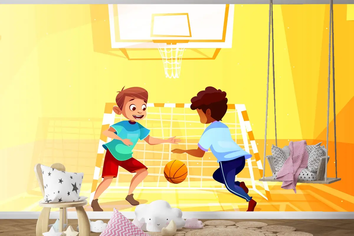 Okulda Topla Basketbol Oynayan Çocuk Odası Duvar Kağıdı