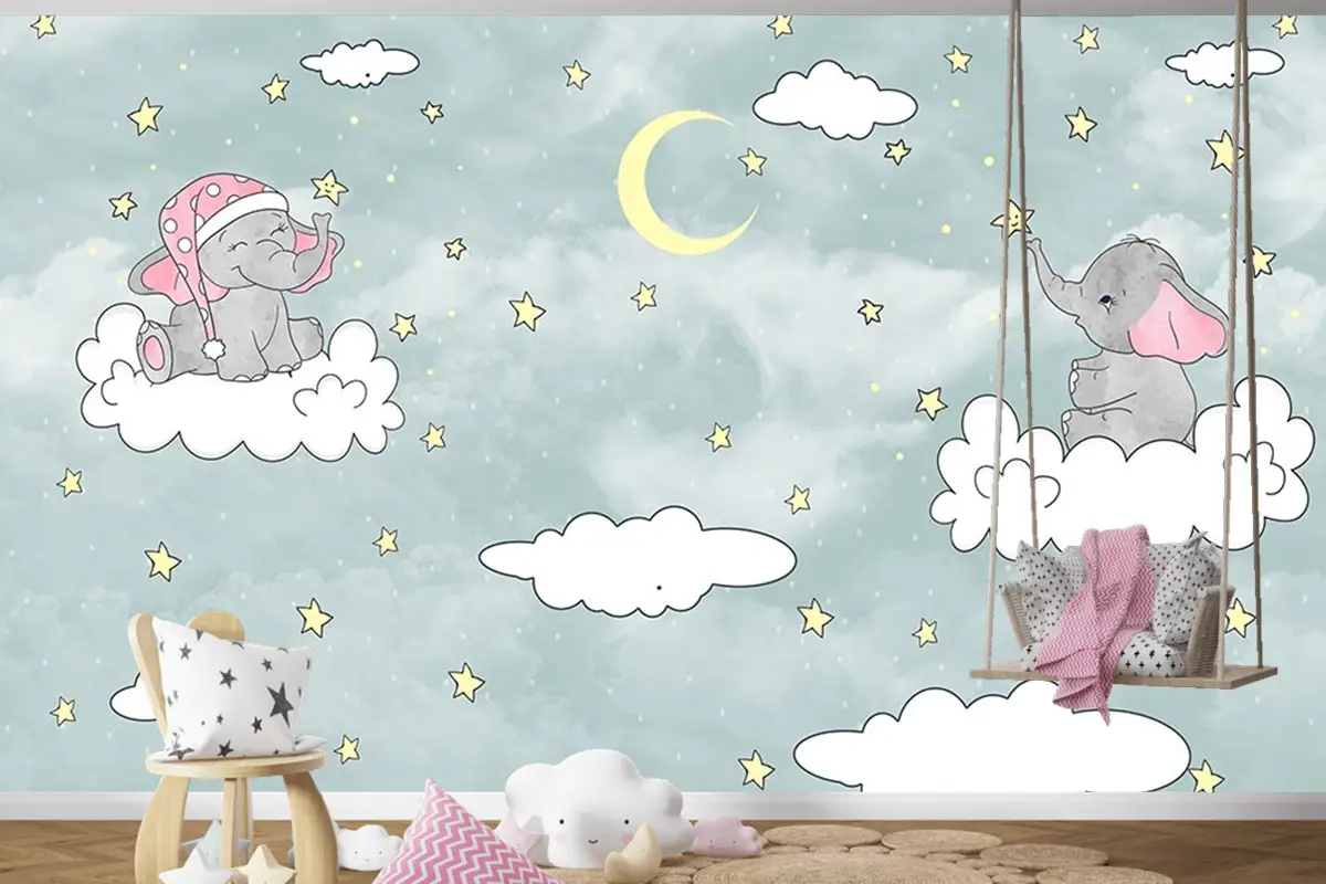 Bulut Üzerinde Sevimli Filler Duvar Kağıdı
