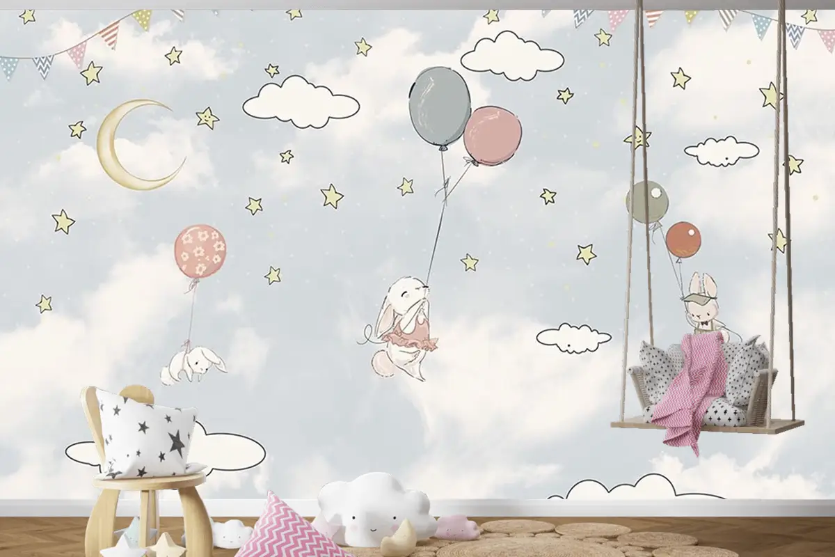 Bulutlar Arasında Balonlar Ve Tavşanlar Çocuk Odası Duvar Kağıdı