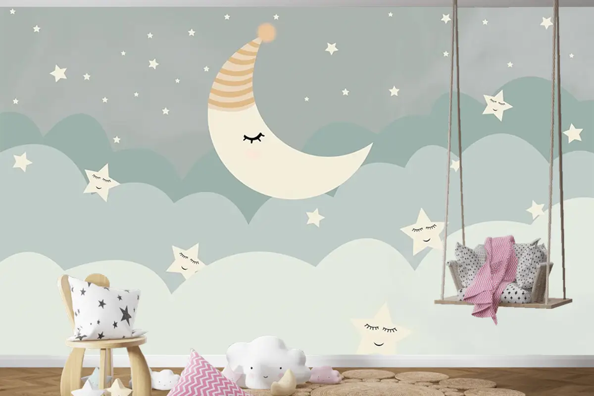 Bulutlar Ay Ve Yıldızlar Çocuk Odası Duvar Kağıdı
