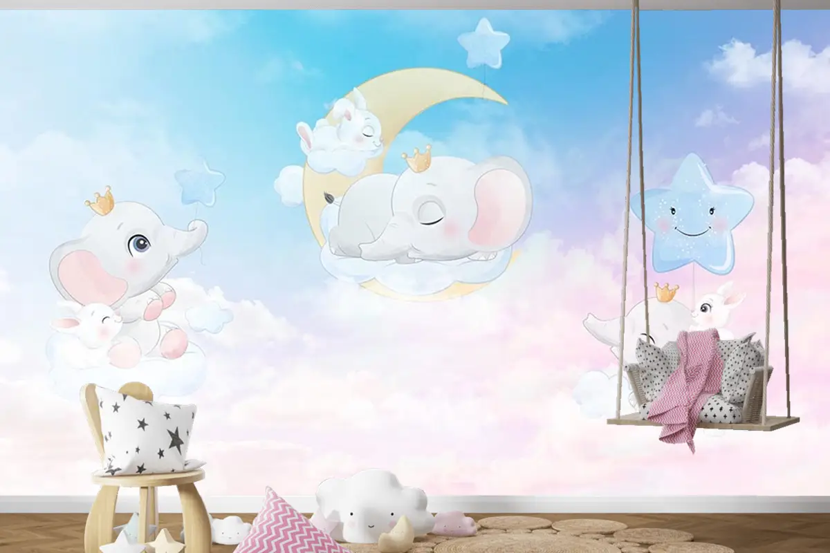 Bulutlar Üzerinde Mutlu Filler Çocuk Odası Duvar Kağıdı
