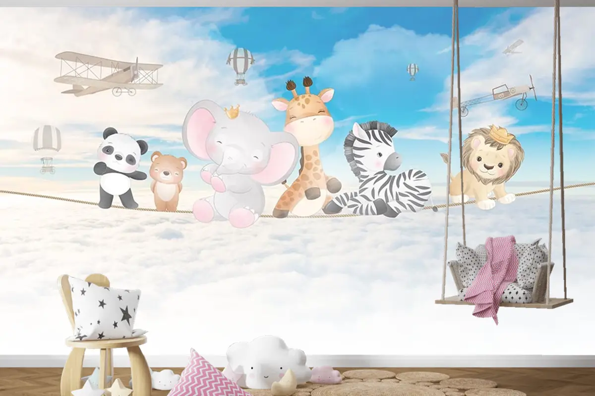 Bulutlar Üzerinde Mutlu Ve Sevimli Hayvanlar Çocuk Odası Duvar Kağıdı