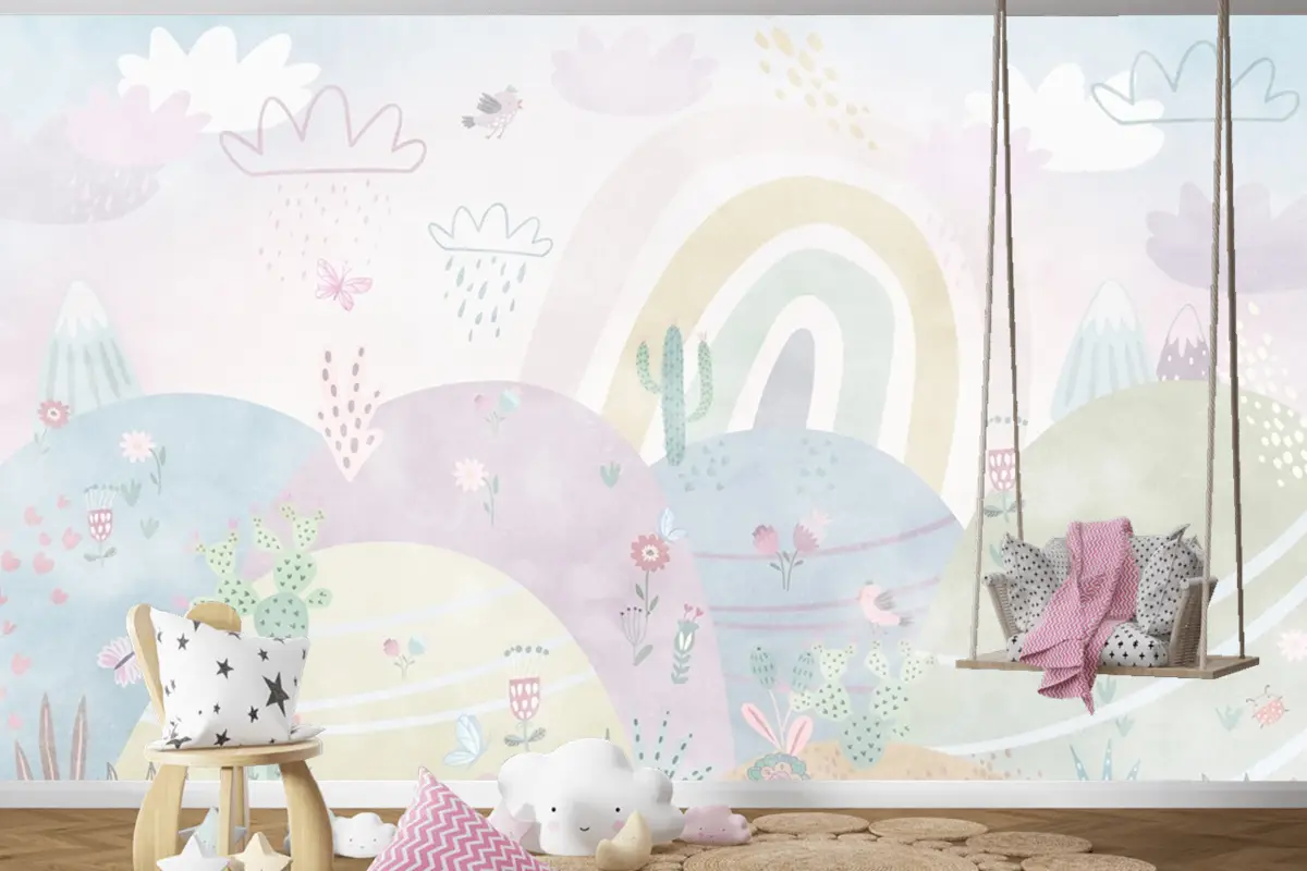 Bulutlar Ve Gökkuşağı Çocuk Odası Duvar Kağıdı