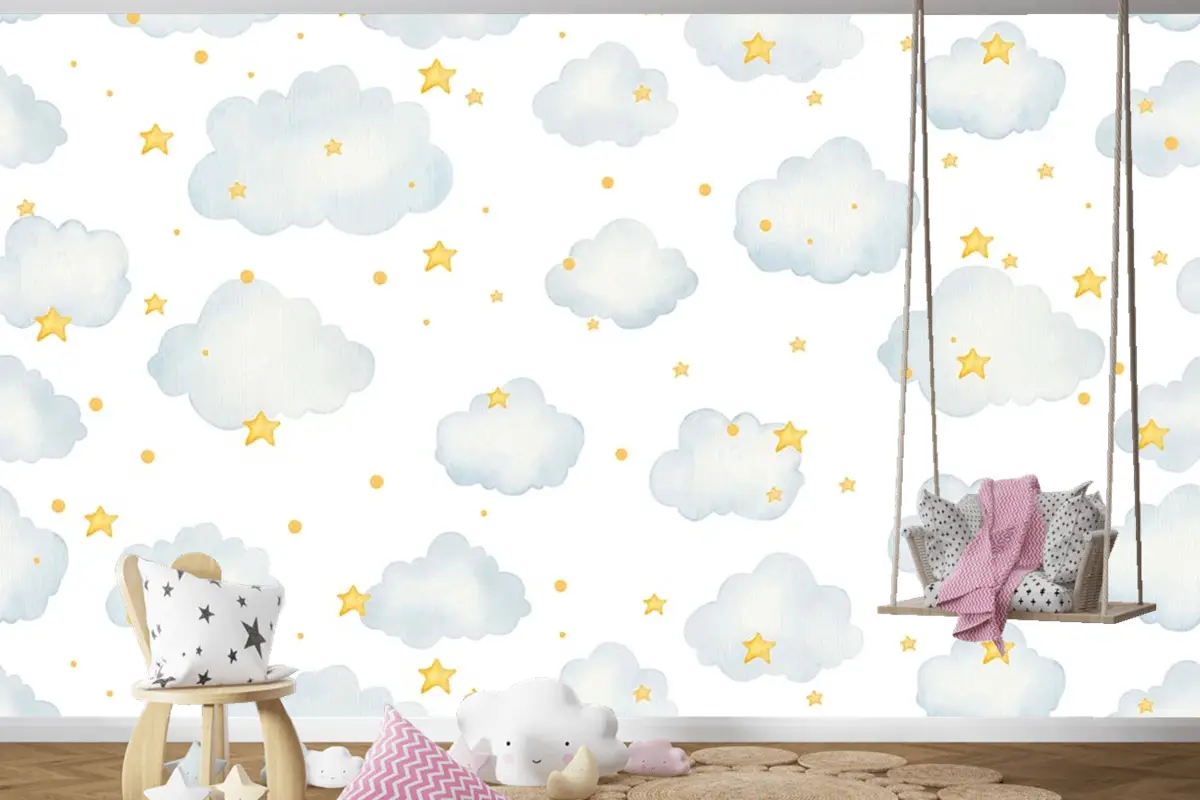 Bulutlu Ve Yıldızlı Çocuk Odası Duvar Kağıdı