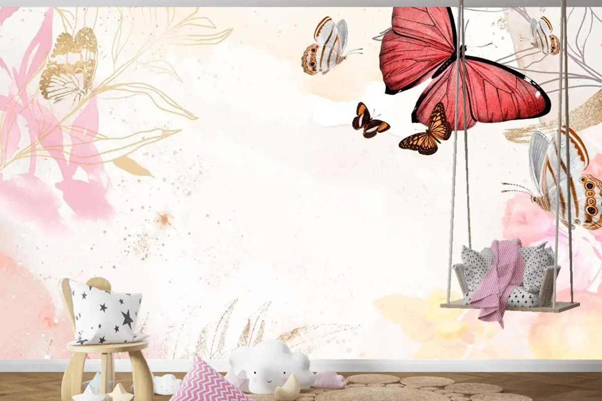 Kelebek Arka Plan Estetik Sınır Çiçekli Çocuk Odası Duvar Kağıdı