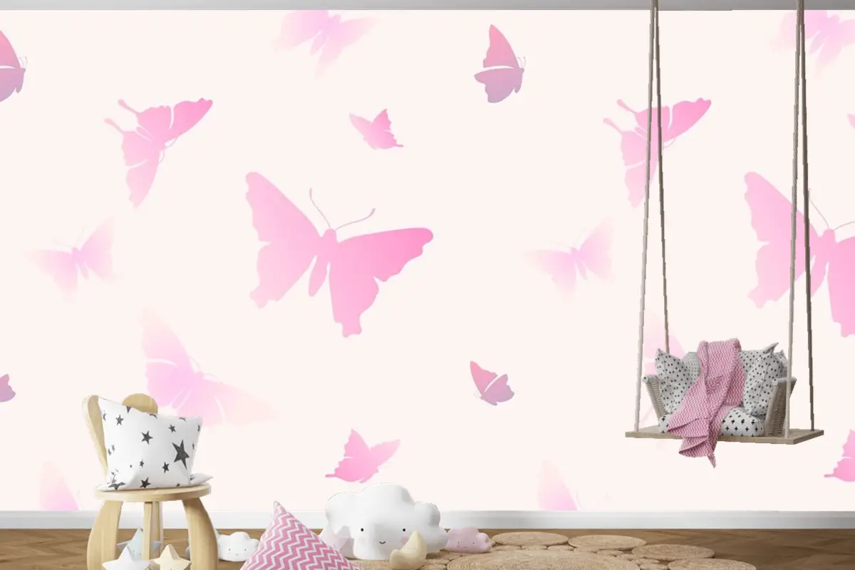 Kelebek Desenli Kadınsı Pembe Estetik Çocuk Odası Duvar Kağıdı