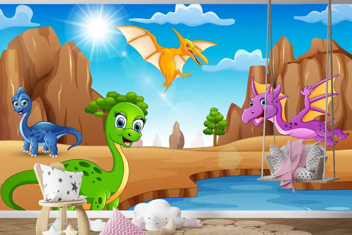 Çölde Yaşayan Karikatür Mutlu Dinozorlar Çocuk Odası Duvar Kağıdı