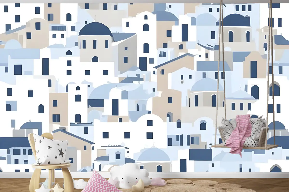 Karikatür Eski Mavi Yunan Evi Çocuk Odası Duvar Kağıdı