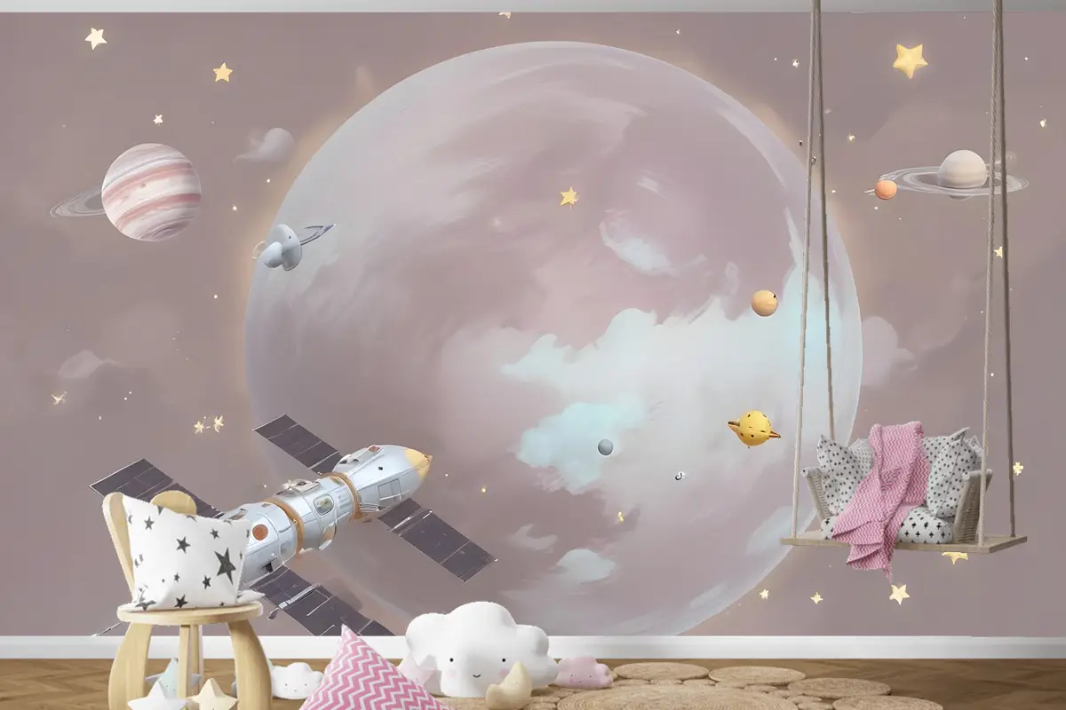 Karikatür Gezegenler Ve Yıldızlı Uzay Çocuk Odası Duvar Kağıdı