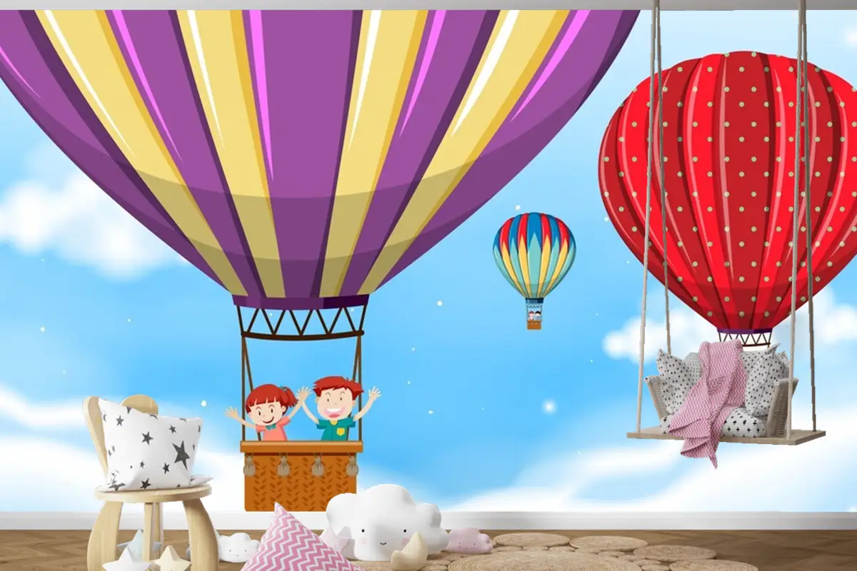 Sıcak Hava Balonuna Binen Çocuklar Çocuk Odası Duvar Kağıdı 