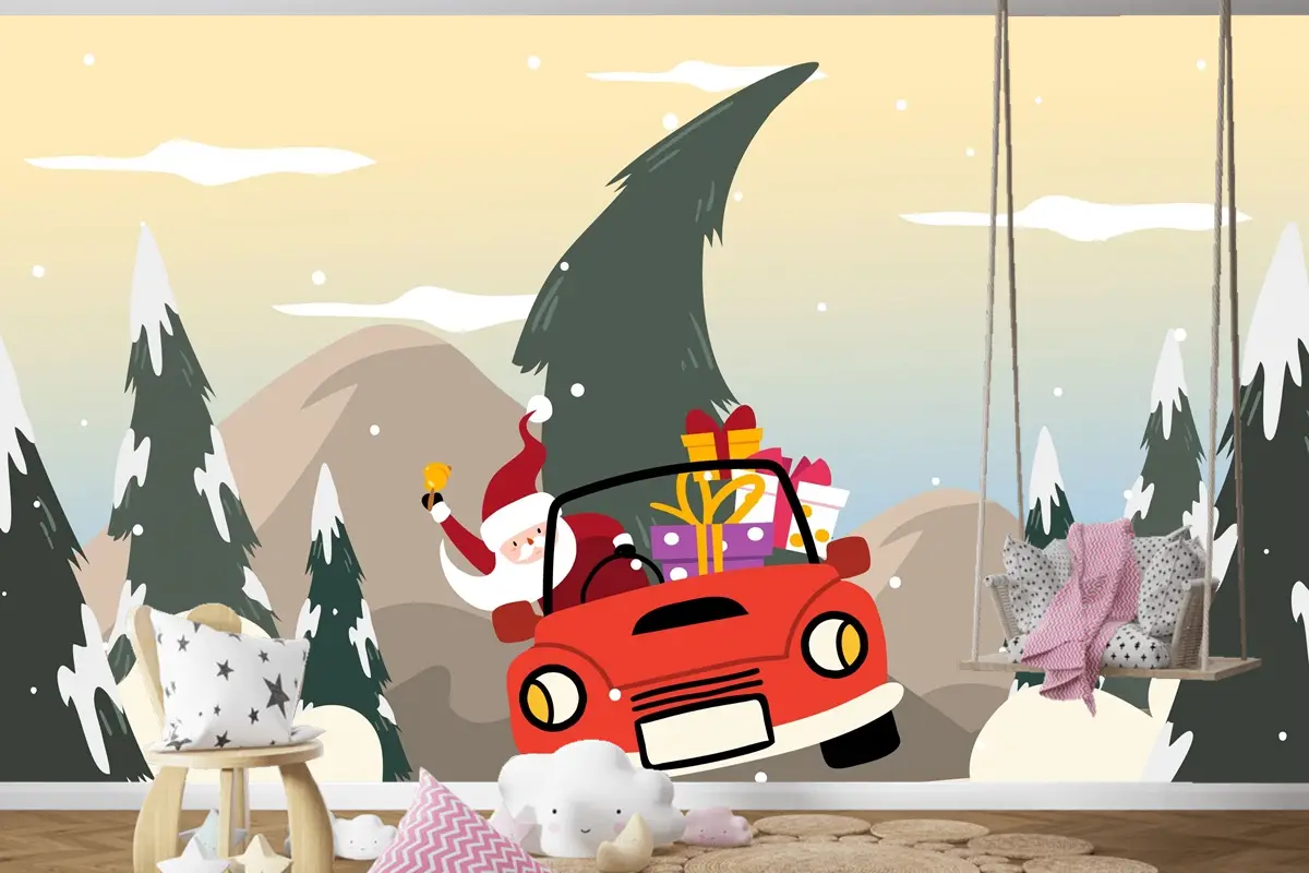 Düz Tasarım Çocuk Odası Duvar Kağıdı Duvarında Noel Arkaplanı