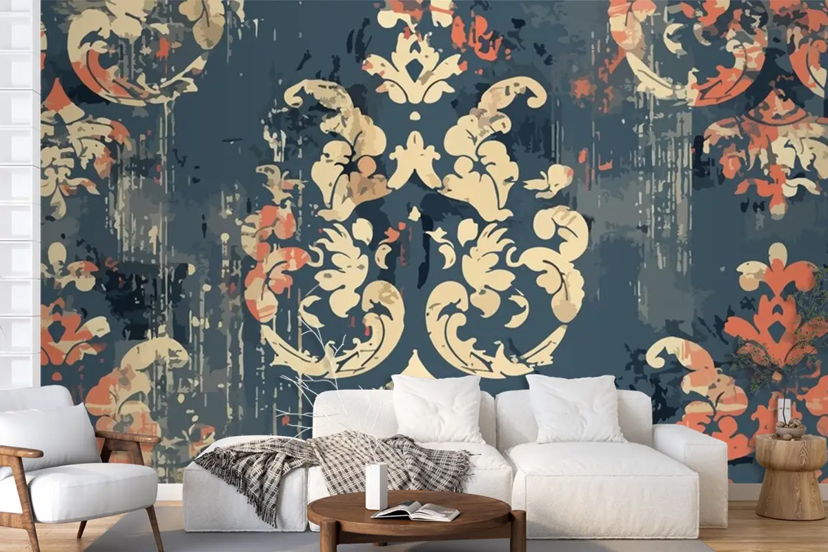 Çiçek Desenli Ve Altın Kırmızı Vintage Duvar Kağıdı